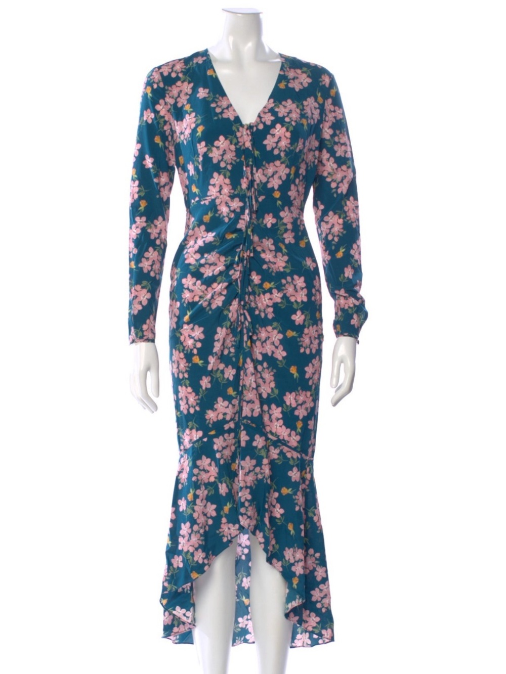 INTERMIX Teal Floral Ruched High-Low Silk Dress with Pink Blossoms